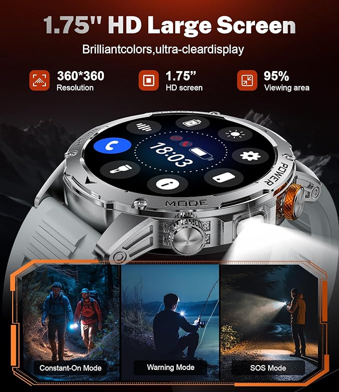 Military Smart Watches 1000 mAh Battery/Flashlight,1.75'' HD Display Smart Watch for Men with Call,IP68 Waterproof Fitness Watch with Heart Rate,Sleep Monitor,100+ Sport Modes,for iOS Android,3 Bands
