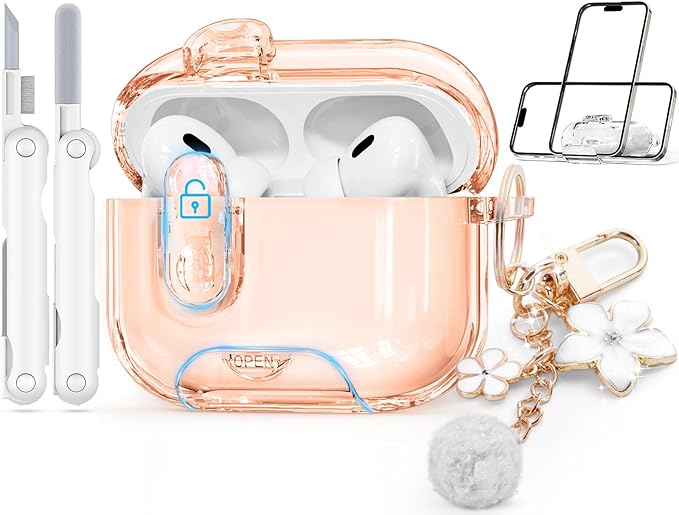 Clear Case for Airpods Pro 2 Case Cover with Safety Lock,Soft TPU Cover with Phone Stand & Cleaning Kit,Cute Bling Keychain for Women Girls-Desert Gold
