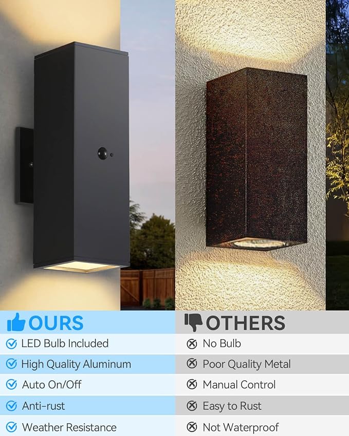 Motion Sensor Outdoor Lights 2 Pack, Modern Outdoor Wall Lights Black Porch Light with E26 Base, Square Motion Detector Lights for Outside, Waterproof Sconce for House Doorway, Bulbs Included