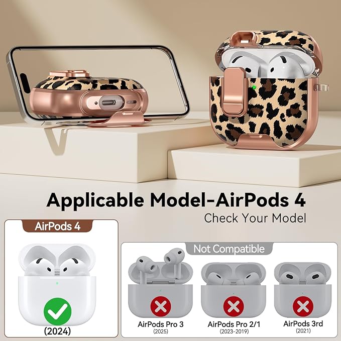 for AirPods 4 Case, with Safty Lock & Phone Stand for Floral AirPods 4th Generation Case Cover for Women Girly, iPod 4 Case with Keychain & Cleaner Kit- Leopard Print