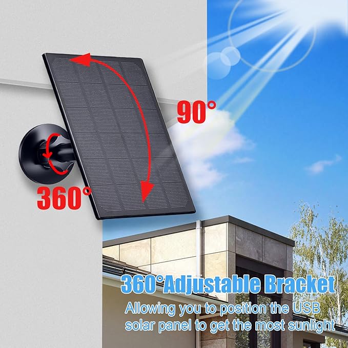 Zivif Solar Panel for Security Camera, 2W Solar Charger with Micro USB & USB-C Port for Rechargeable Battery Camera, with 360° Adjustable Security Mount, Black (2 Pack)