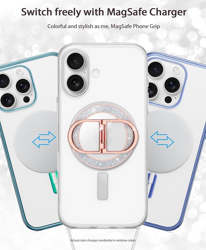 Magnetic Phone Grip | Phone Ring Holder | Stylish Twinkle Transparent with Phone Ring Holder for iPhone, Mag Safe Phone Ring Grip for iPhone & Android, Rosegold