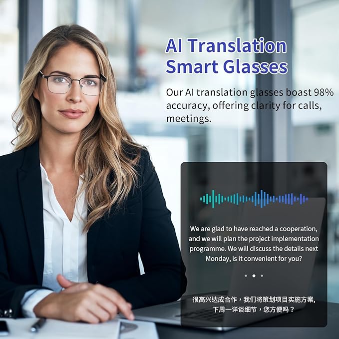 Al Smart Glasses for Men Women - Bluetooth Translation Glasses with 169 Languages, Photochromic Lenses UV/Blue Light Protection, Music /Calls Al Vioce Assistant, Travel Meeting Business Trade - Silver