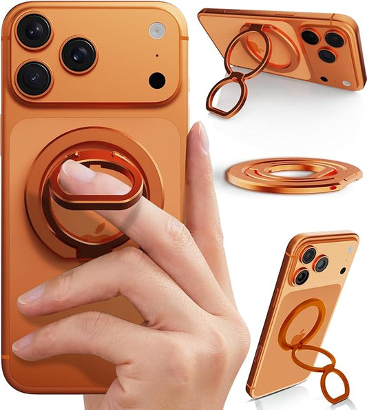 Phone Grip for MagSafe,360°& 180°Rotation Magnetic Phone Ring Holder with Kickstand,Dual-Ring Thin Phone Stand for 17/16/15/14/13/12 Series-Orange