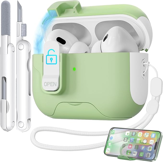 for AirPods Pro Case with Phone Stand,Secure Lock Case Compatible with Airpods Pro 2nd/1st Generation Case, Drop-Proof Case Cover with Cleaner and Lanyard for Women Girly (Pistachio Green)