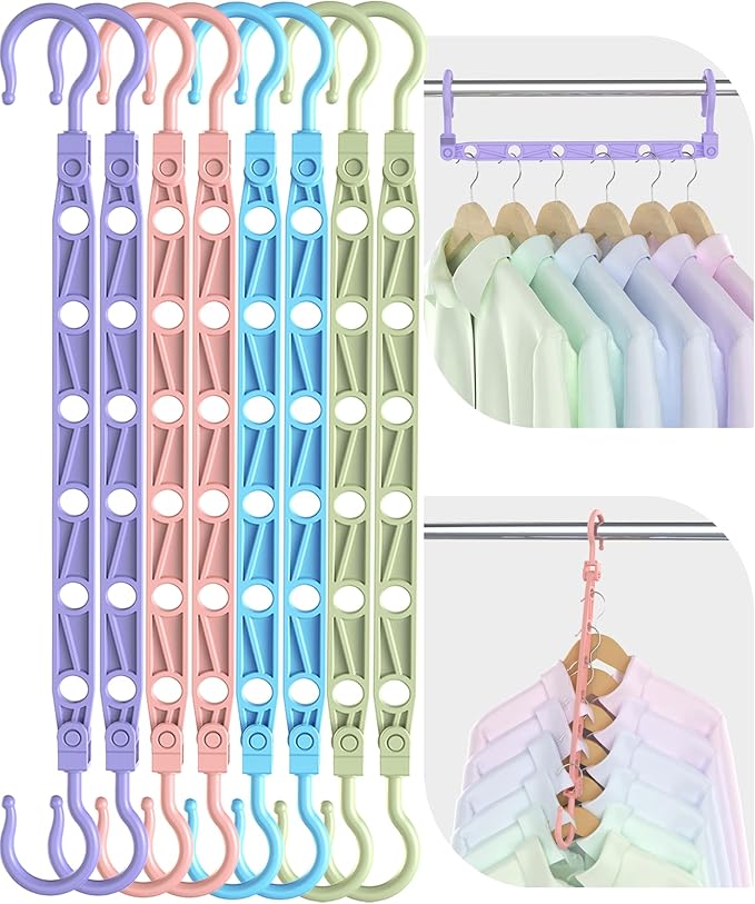 Space Saving Hangers for Clothes, 8 Pack Magic Hangers with 6 Holes and 360° Swivel Hook, Hanger Hooks Space Saver for Closet Organizers and Storage, Dorm Room Essentials for Girls, Colorful