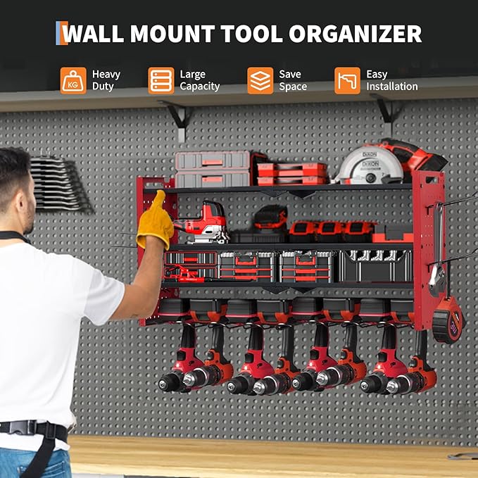 Power Tool Organizer, Drill Holder Wall Mount, Heavy Duty 4-Layer Garage Rack Metal Loads 400Lbs, 8 Drill Storage Shelf with Hooks, Drill Bit Shelf Power Tool Rack for Garage, Workbench