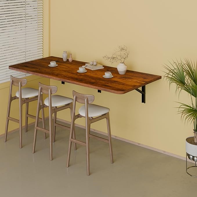 IAE 48" x 22" Floating Foldable Desk,Wall-Mounted Folding Computer Table with Engineered Wood,Study Table with Shelf Brackets,Fold Down Shelf,Fold Computer Desk for Small Spaces,Holds 500 lb,Rustic
