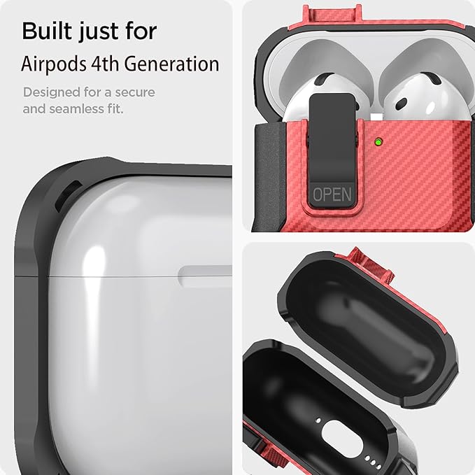 for Airpods 4 Case with Lock Clip, Rugged Apple Airpods 4th Generation Cover 2024 Men Women, Armor Shockproof iPod 4 Gen Protective Hard Shell with Carabiner&Cleaner kit,CF Black/Red
