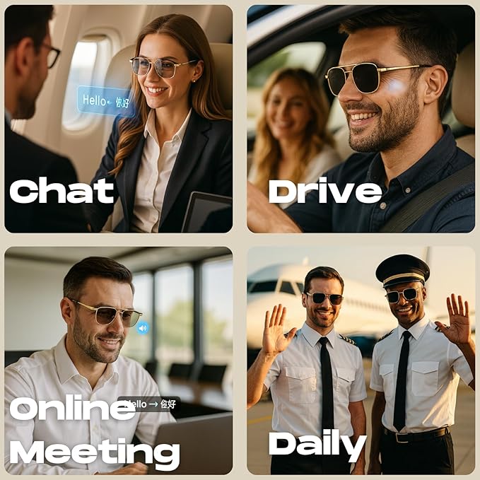 AI Translator Aviator Smart Glasses—Hands-Free Voice Translation in 164 Languages,Bluetooth Audio&Voice Assistant,UV400 Classic Sunglasses,IP67 Waterproof Smart Eyewear for Travel