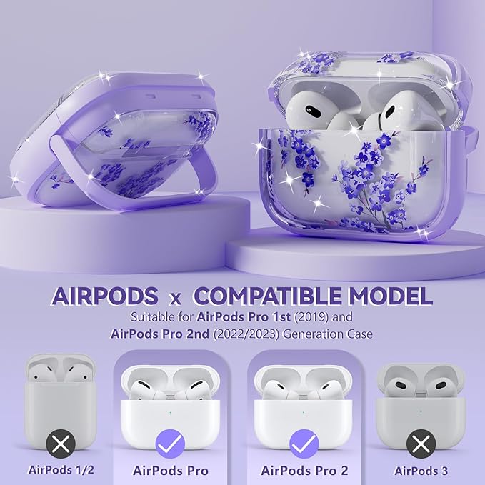 Inesore for AirPods Pro 2nd Generation Case Cover with Lock, Flowers Cute AirPod Pro 2 Case Hard iPod Pro Cases for Women Girls with Cleaner Kit for AirPod Pro Cases (2023 USB-C /2022/2019) - Purple