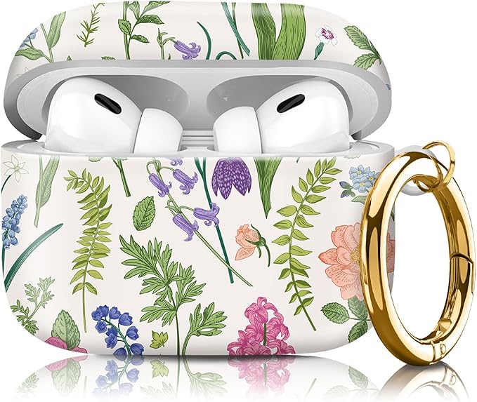 Compatible with Airpod pro 2nd/1st Generation Case Cover with Gold Round Keychain Cute Pattern Hard & Anti Slip Cover for Men Women & Girls（Flower Landscape）