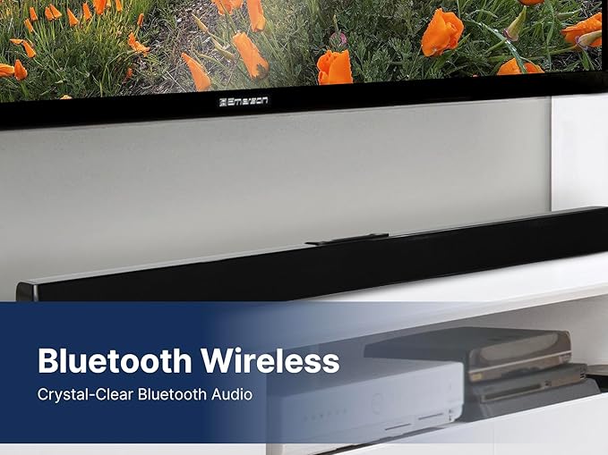 Emerson EHS-2000 32-Inch Bluetooth Soundbar, 2.0 Channel Home Theater Speaker System with Remote Control, USB/AUX Inputs, FM Radio, Compact, Wall Mountable Design