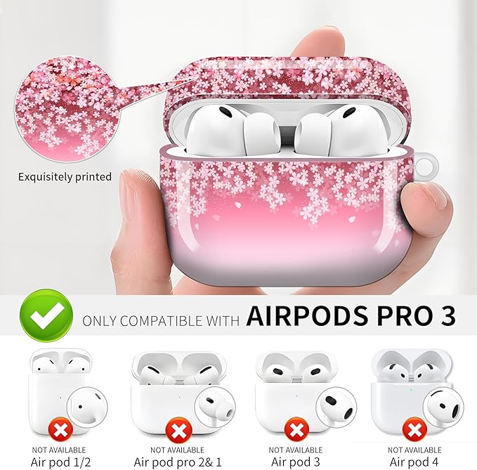 Compatible with AirPod Pro 3 (2025),Cute Case Cover for Women & Men, Full Protection Shockproof Hard Case with Keychain, Wireless Charging Case Accessories(Cherry Blossom)