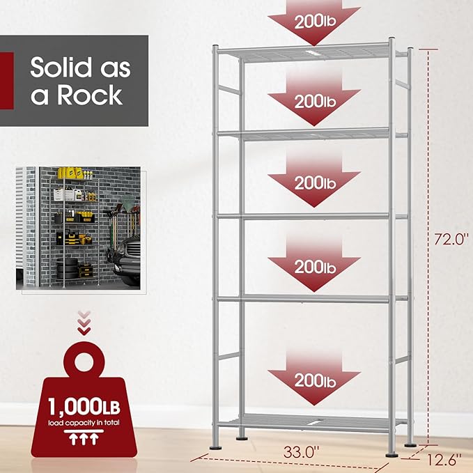 Storage Shelves - 5 Tier Shelf Organizer, Heavy Duty Garage Shelving Unit with Leveling Feet, Stable Metal Shelves Organizer for Pantry, Kitchen and Closet, 33.0" W x 12.6" D x 72.0" H, Silver