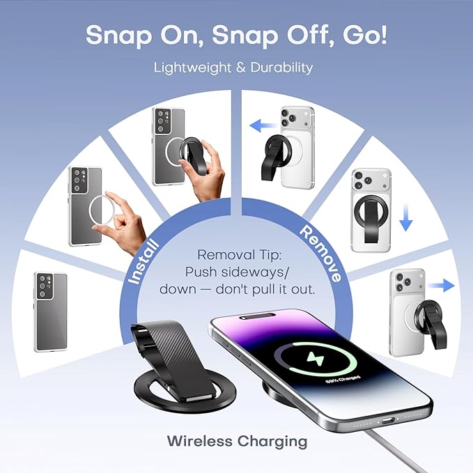 for MagSafe Phone Grip, Magnetic Phone Grip with Silicone Finger Strap & Dual-axis Adjustable Kickstand, Magnetic Phone Stand Ring Holder for Mag Safe iPhone 17/16/15/14/13/12 Series, Black
