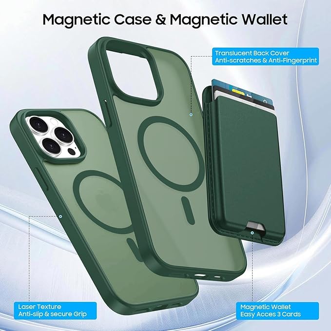 Magnetic for iPhone 14 Pro Max Case with Card Holder, Compatible with MagSafe, Slim Shockproof Phone Cover with Detachable Wallet, Built-in Magnet Ring, Green