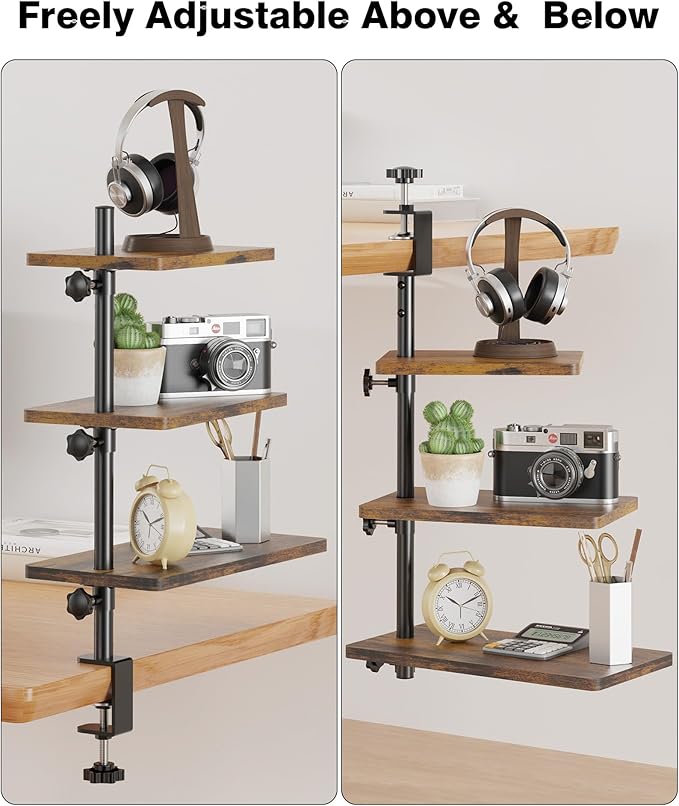 3 Tiers Clamp On Desk Shelf, 360¡ã Angle Adjustable Desktop Shelf Organizer for Home Office Gaming Room, No Drill Desk Extender Adapt to 0.4-2.16 inches Table Thick, Black Brown