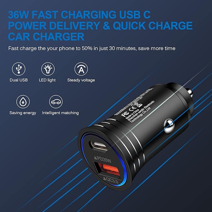 USB C Car Charger, 38W Fast Charge Car Charger Adapter PD&QC 3.0 Dual Port Cigarette Lighter USB Plug for iPhone 17e 17 Pro Max Air 16e 16 15 14 13 12 11 SE XR XS X 8, Samsung Galaxy S26 S25 S24 S23