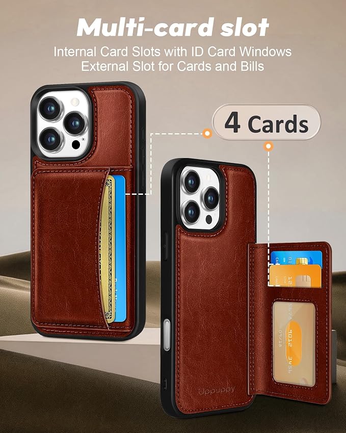 for iPhone 16 Pro Max Case with Wallet - Fits 4 Card Slots, Compatible with MagSafe for Women Men Aesthetic PU Leather Credit Card Holder Kickstand Phone Cover for Apple 16 Promax, Brown