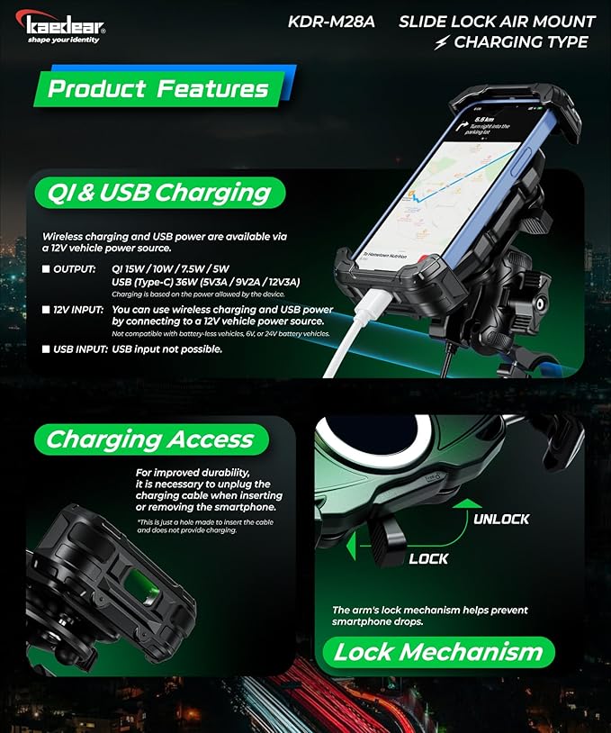 Kaedear Motorcycle Smartphone Holder, Vibration Absorption, QI, Wireless Charging, USB Powered, Waterproof, Mobile Phone Holder, Vibration Absorption, Mount, Air Mount, KDR-M28A