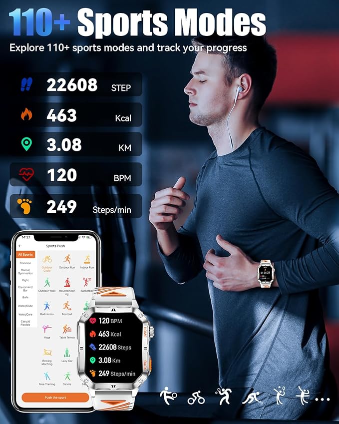 Military Smarty Watch for Men, 2.01" Smartwatch with 1200mAh Battery, Flashlight, Answer/Make Calls, Heart Rate/Sleep Monitor 100+ Sport Modes Fitness Tracker for Android/iPhone