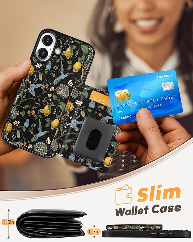 for iPhone 17 Case with Wallet - Fits 4 Card Slots, Compatible with MagSafe for Women Aesthetic Durable PU Leather Credit Card Holder Kickstand Phone Cover for Apple 17, Lemon Bird