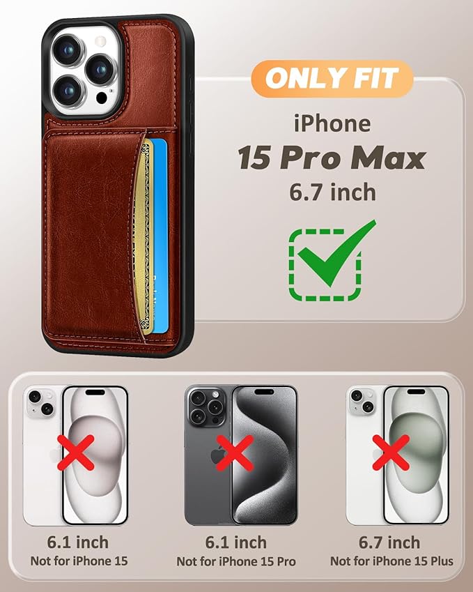 for iPhone 15 Pro Max Case with Wallet - Fits 4 Card Slots, Compatible with MagSafe for Women MenDurable PU Leather Credit Card Holder Kickstand Phone Cover for Apple 15 Promax, Brown