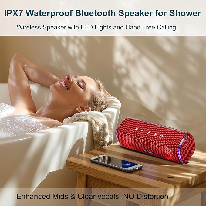 IPX7 Waterproof Wireless Outdoor Speaker, Portable Bluetooth Speake, 25H Playtime, LED Lights, TWS Pairing for Beach, Pool Parties, Shower, Valentine's Day Gift, Red