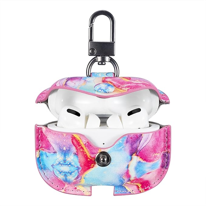 Genuine Leather Case Compatible with AirPods Pro Case 2nd/1st Gen (2023/2022/2019), VOMA Protective Cover for Apple AirPods Pro 2/Pro Wireless Charging Case with Keychain and Snap Lock Colorful Marble