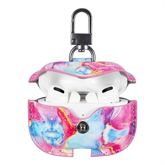 Genuine Leather Case Compatible with AirPods Pro Case 2nd/1st Gen (2023/2022/2019), VOMA Protective Cover for Apple AirPods Pro 2/Pro Wireless Charging Case with Keychain and Snap Lock Colorful Marble
