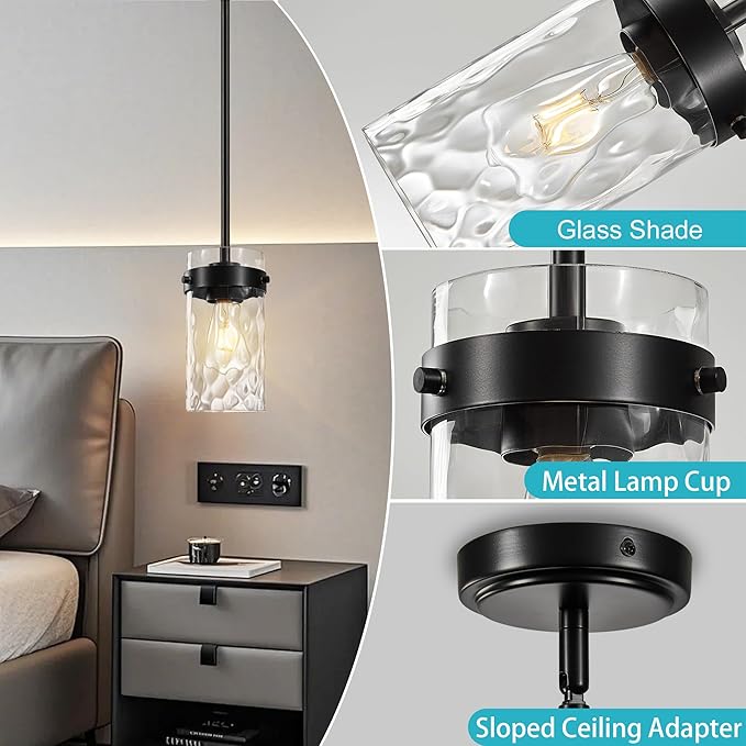 4.72" Hammered Glass Pendant Lighting for Kitchen Island 2 Pack, Modern Black Pendant Light Fixtures, Adjustable Ceiling Pendant Light for Kitchen Island Dining Room Bedroom Hallway