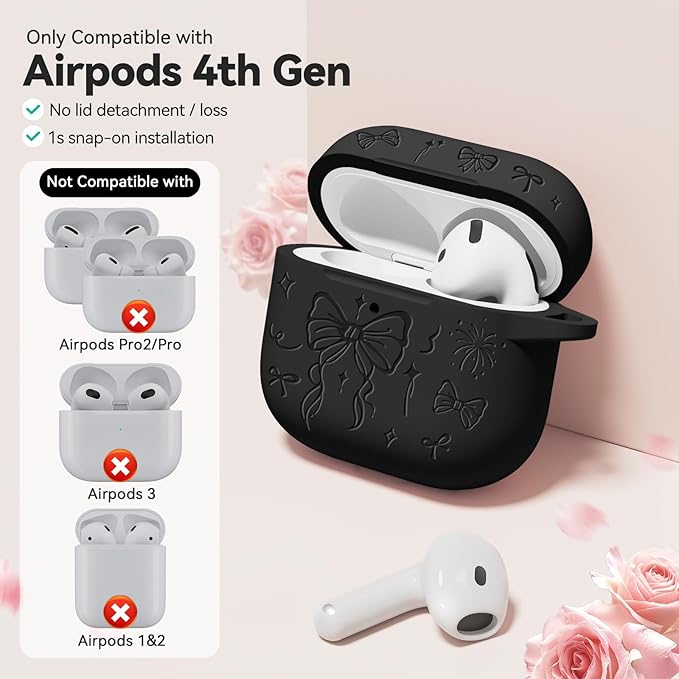 for Airpods 4 Case Cover, Joremx Cute Bow Engraved Silicone Protective Case Cover with Keychain, Cleaner Kit for AirPods 4th Generation Case 2024 (Black)