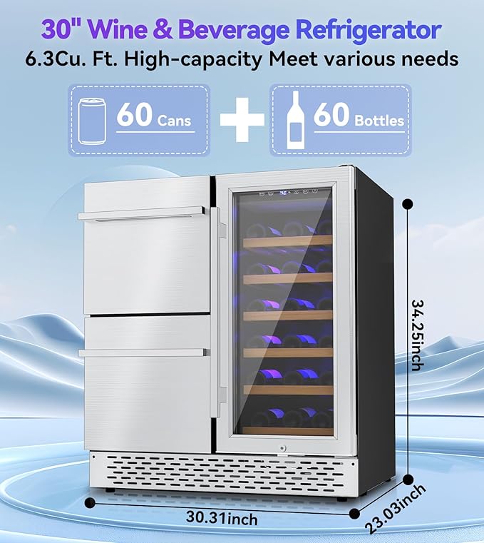30'' Outdoor Wine and Beverage Refrigerator 120 Cooler, 2 Drawer Dual Zone Wine Fridge with Intelligent Control Advanced Compressor Under Counter Freestanding for Patio Bar Cabinet