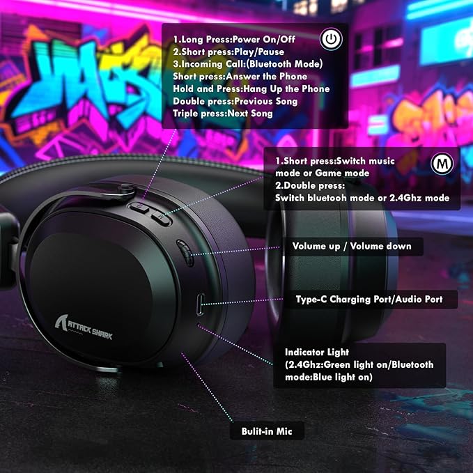 ATTACK SHARK L30PRO Wireless Gaming Headset,7.1 Surround Sound, 50mm Drivers,20ms Low Latency,Detachable Noise-Canceling Mic, Aluminum Alloy Frame,Tri-Mode Connectivity Over-Ear Headset-Black