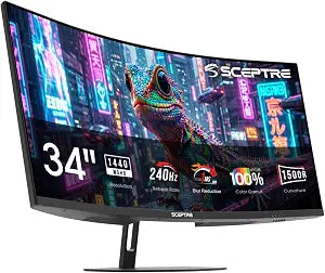 New! Sceptre Curved 34-inch Prime Gaming Monitor 3440 x 1440 up to 240Hz 1500R 1ms 100% sRGB DisplayPort x2 HDMI x2 Build-in Speakers, Machine Black 2027 (C345B-QU240T Series)