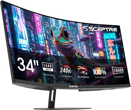 New! Sceptre Curved 34-inch Prime Gaming Monitor 3440 x 1440 up to 240Hz 1500R 1ms 100% sRGB DisplayPort x2 HDMI x2 Build-in Speakers, Machine Black 2027 (C345B-QU240T Series)