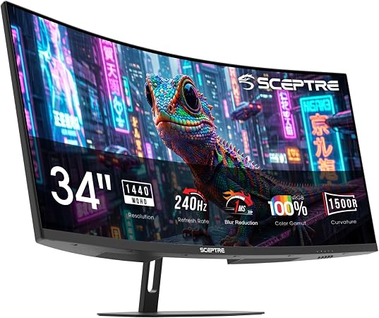 New! Sceptre Curved 34-inch Prime Gaming Monitor 3440 x 1440 up to 240Hz 1500R 1ms 100% sRGB DisplayPort x2 HDMI x2 Build-in Speakers, Machine Black 2027 (C345B-QU240T Series)