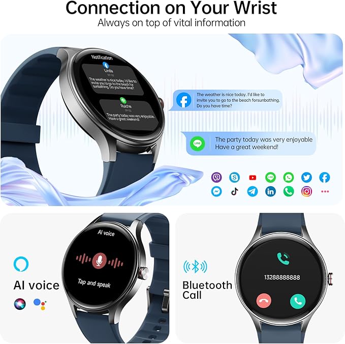 Smart Watch for Men,1.57inch AMOLED Touchscreen Fitness Watch for iPhone & Android,Heart Rate/Sp02/Sleep Monitor,110+ Sport Modes IP68 Waterproof Bluetooth Calls,2 Bands (Blue, 1.57)