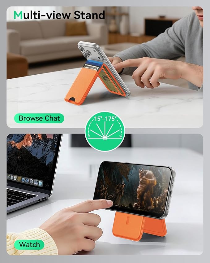 for MagSafe Wallet with Stand, 5 Card Holder, Slim Leather Magnetic Wallet for iPhone 17/16/15/14/13/12 Pro Max Plus Air Series, 3 Card Slots & 1 Cash Slot,Orange