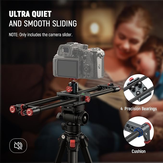 NEEWER 16in/40cm Carbon Fiber Camera Slider with 360° Ball Head/Phone Clamp/Action Camera Mount, Dolly Rail Track with 4 Bearings & Adjustable Legs, Compatible with GoPro Insta360 iPhone Android, CS1M
