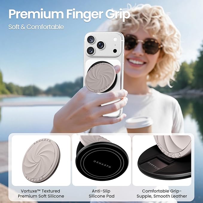 ORNARTO Vortuxe for MagSafe Phone Grip with Kickstand, Soft Liquid Silicone Finger Loop Grip, Phone Ring Holder for Back of Phone, Premium Build & Comfy Touch, Stone Gray