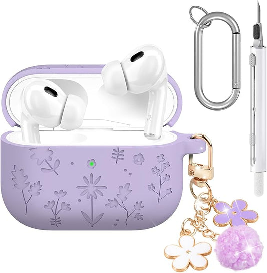 Seltureone Compatible with AirPods Pro 3 Case 2025 Cute with Cherry Blossom Keychain and Cleaning Kit, Soft Silicone Shockproof Flower Engraved Compatible with AirPod Pro 3 Case Cover - Light Purple
