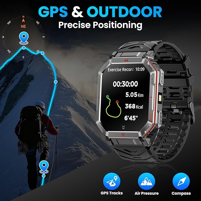 GPS Military Smart Watch for Men，GPT Voice Assistant，Smartwatch with LED Flashlight，2.01" HD Display Bluetooth Call，Fitness Tracke with Multiple Sports Modes，Compatible with Android & iOS