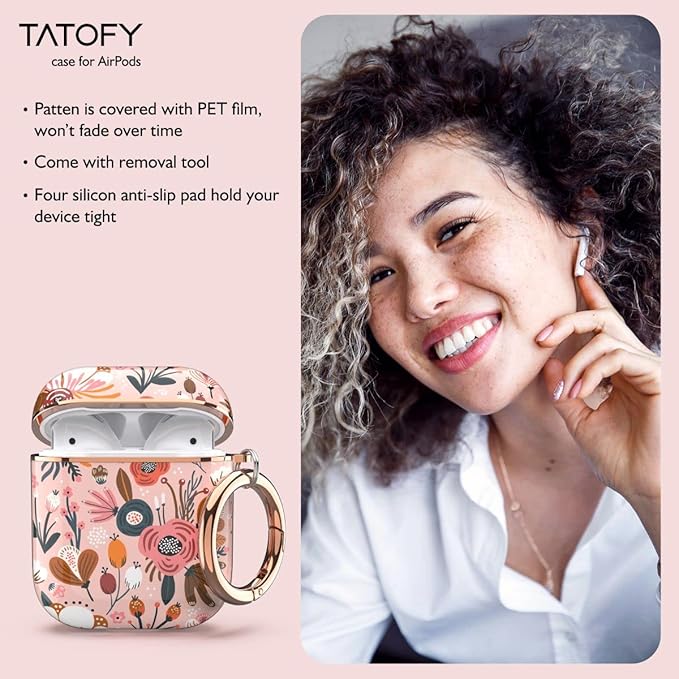 TATOFY Case Cover for AirPods 1&2, Elegant Cute Flower Patterns Protective Hard Case with Clip Keychain