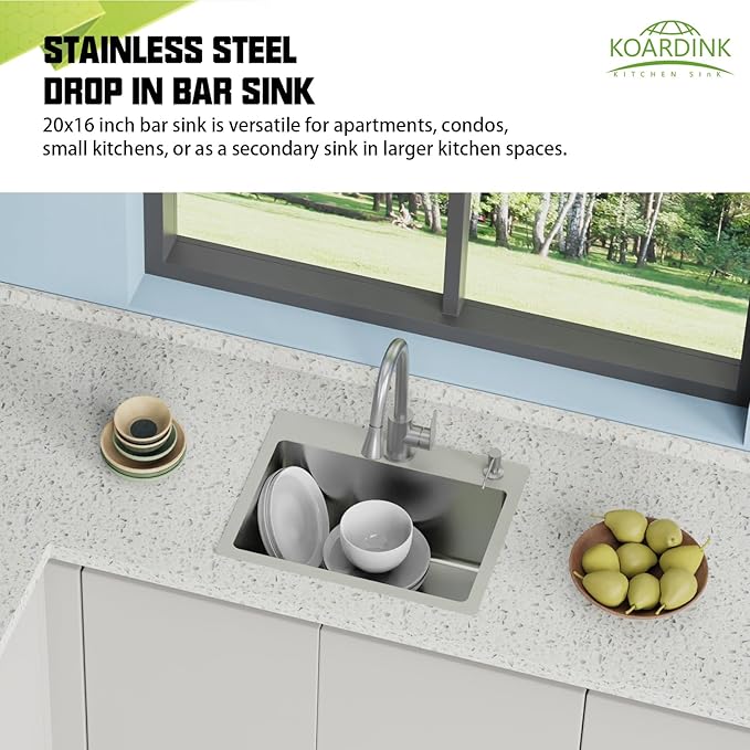 20x16 In Kitchen And Bar Sink- Stainless Steel Drop In Kitchen Sink Modern Single Bowl Topmount Bar Sink With Silicon Mat,Drain Strainer Set Compatibility With Various Kitchen & Bar Style