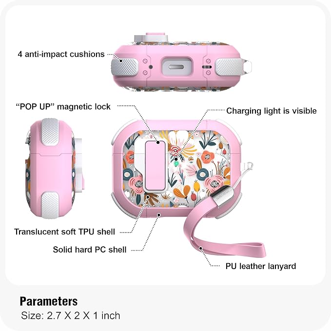 WENEW Case for AirPods Pro & Pro 2 Case Cover Secure Lock Automatic Snap Switch Clip Cleaner Kit Lanyard Women Stylish Flower Full Body Hard Shell Front LED Visible (Pink Flower, AirPods Pro & Pro 2)