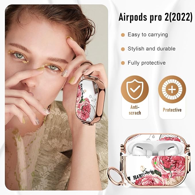 Maxjoy for Cute Airpods Pro 2 case with Safety Lock,Compatible Airpods Pro Case 2nd/1st Gen,Compatible Red Rose AirPods Case Cover for Women Girly with Keychain-Transparent