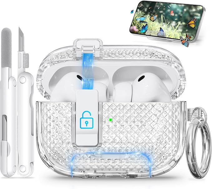 for AirPods Pro 3 Case with Phone Stand & Secure Lock, Auto-Open Clear Case Cover Compatible with Apple AirPods Pro 3rd Generation with Cleaning Kit & Keychain