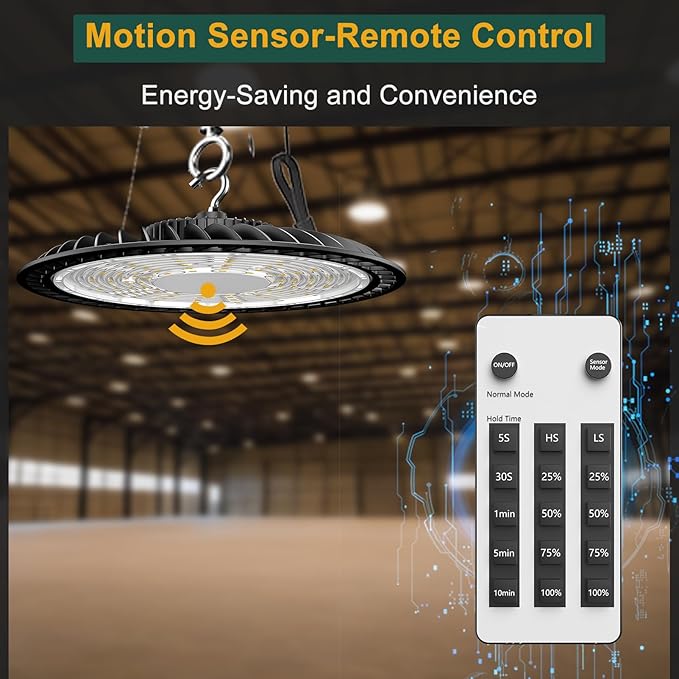 300W LED High Bay Light Motion Sensor(Energy Saving), 45000lm Commercial Bay Lights with Remote Control AC100-277V High Bay LED Shop Lights Supports Normal Mode & Motion Mode Switching- 6Pack